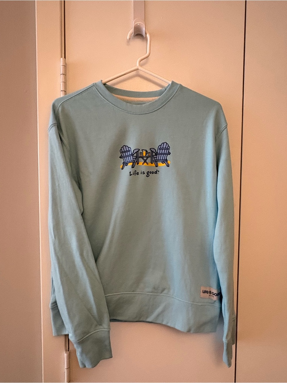 Life Is Good Light Blue Crewneck Sweatshirt with Adirondack Chairs
